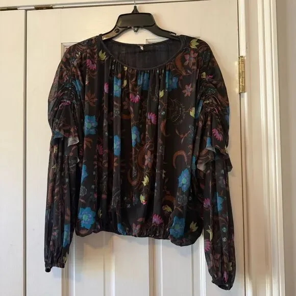 Free People Black Wildflower Honey Mesh Blouson Top Size Small - Picture 2 of 9